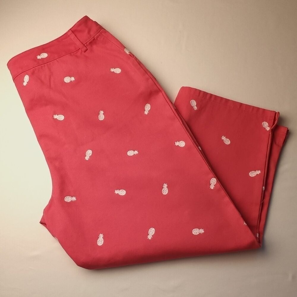 Villager Womens Pineapple Embroidered Pants Coral Pink 10 Cotton Straight Leg